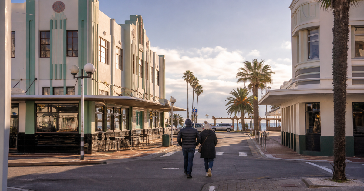 Napier 冬日 Art Deco 街区和海边步道旅行场景