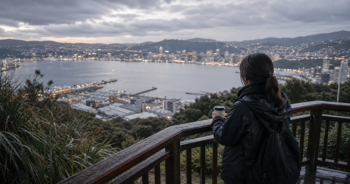 冬季惠灵顿港湾观景的旅行者