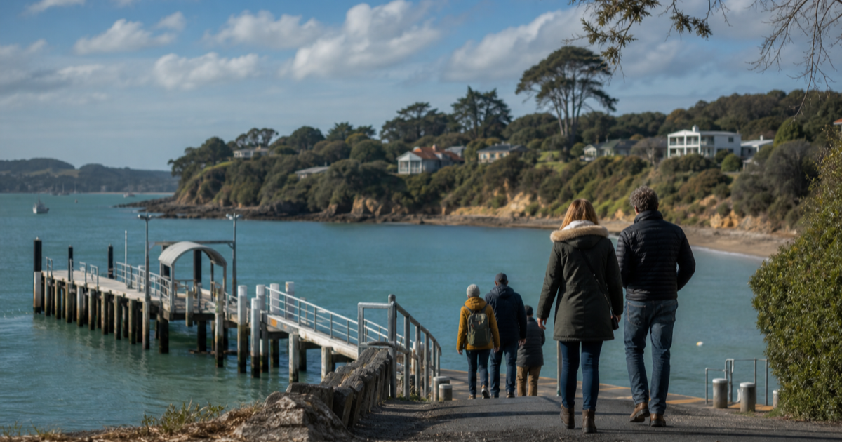 冬季 Waiheke 海岸步道和远处渡轮的真实感旅游封面图