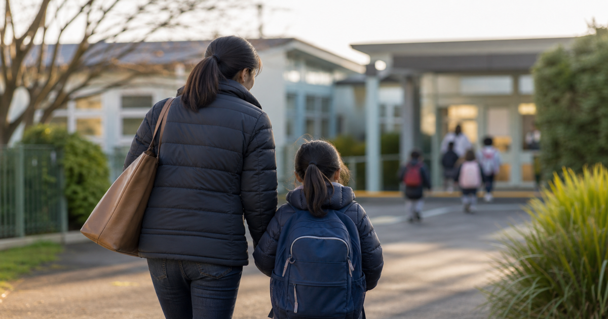 新西兰家长和孩子走近学校的生活场景
