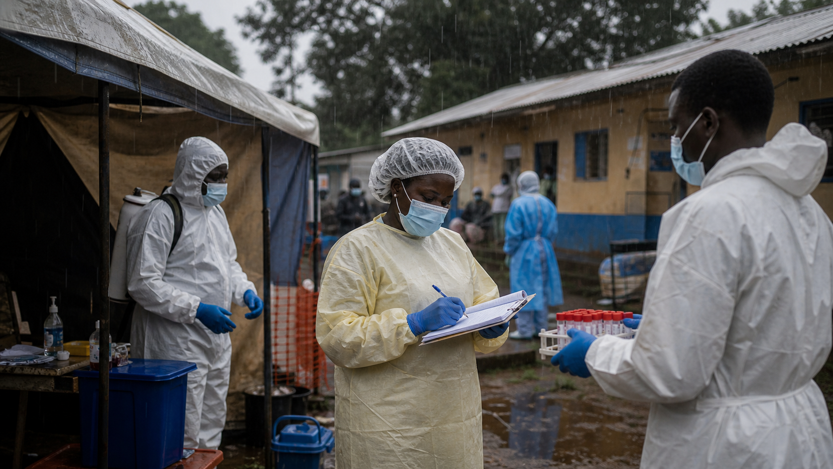 A realistic public health response scene in Central Africa with medical workers in protective gear preparing vaccine coolers at dawn