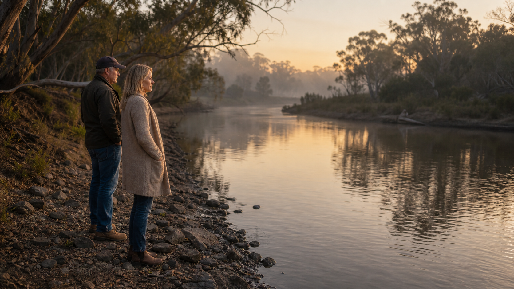 A realistic Australian river community at sunset with warning signs near water testing equipment, cinematic documentary style