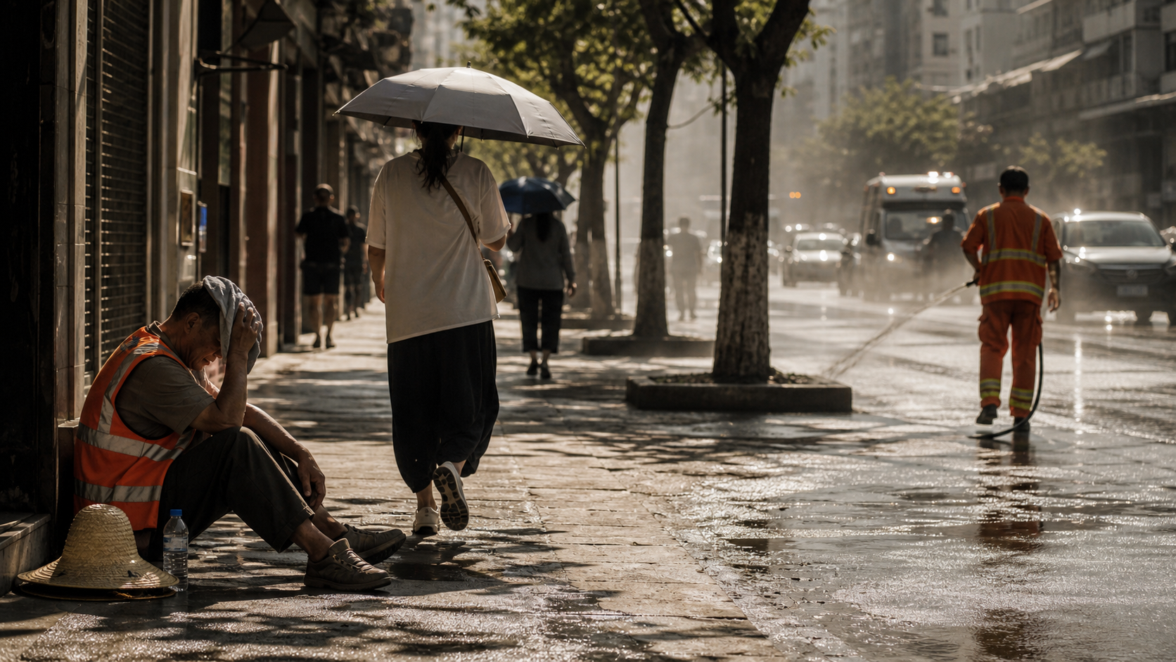 Urban street under extreme heat with workers and shimmered pavement, no text