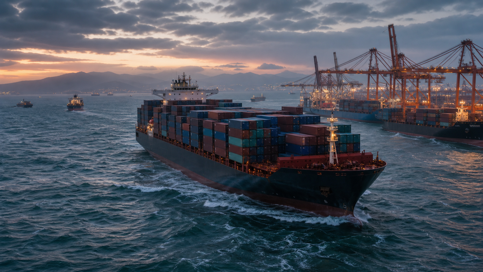 Container ship route at dusk with port cranes and rough sea, no text