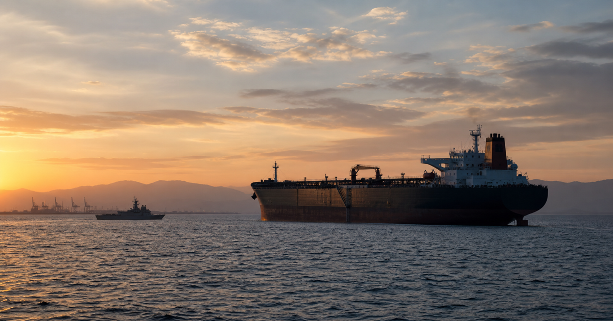 Commercial tanker near strategic shipping route at dawn