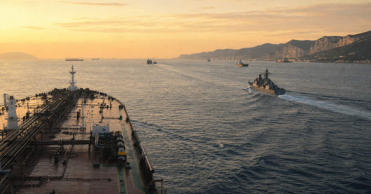 Oil tanker near a narrow strategic shipping route at dawn