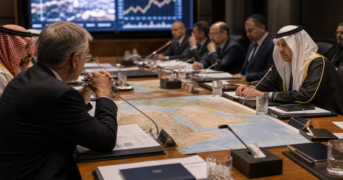 Diplomatic negotiation table with Middle East map