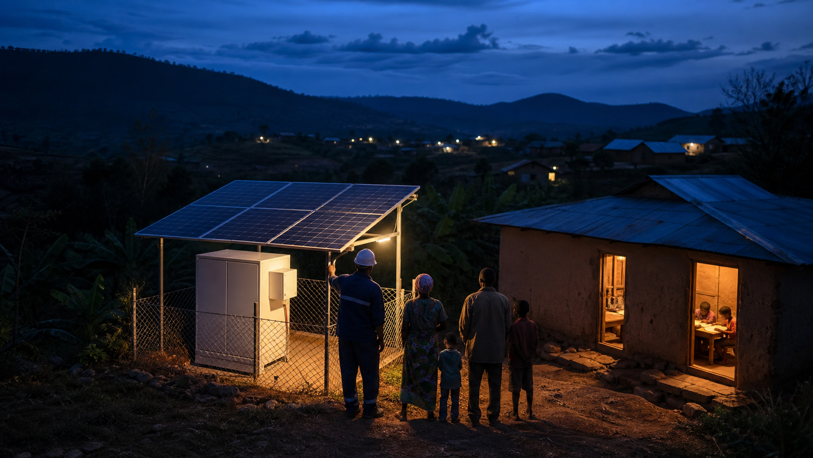 A rural solar microgrid brings evening light to homes at twilight