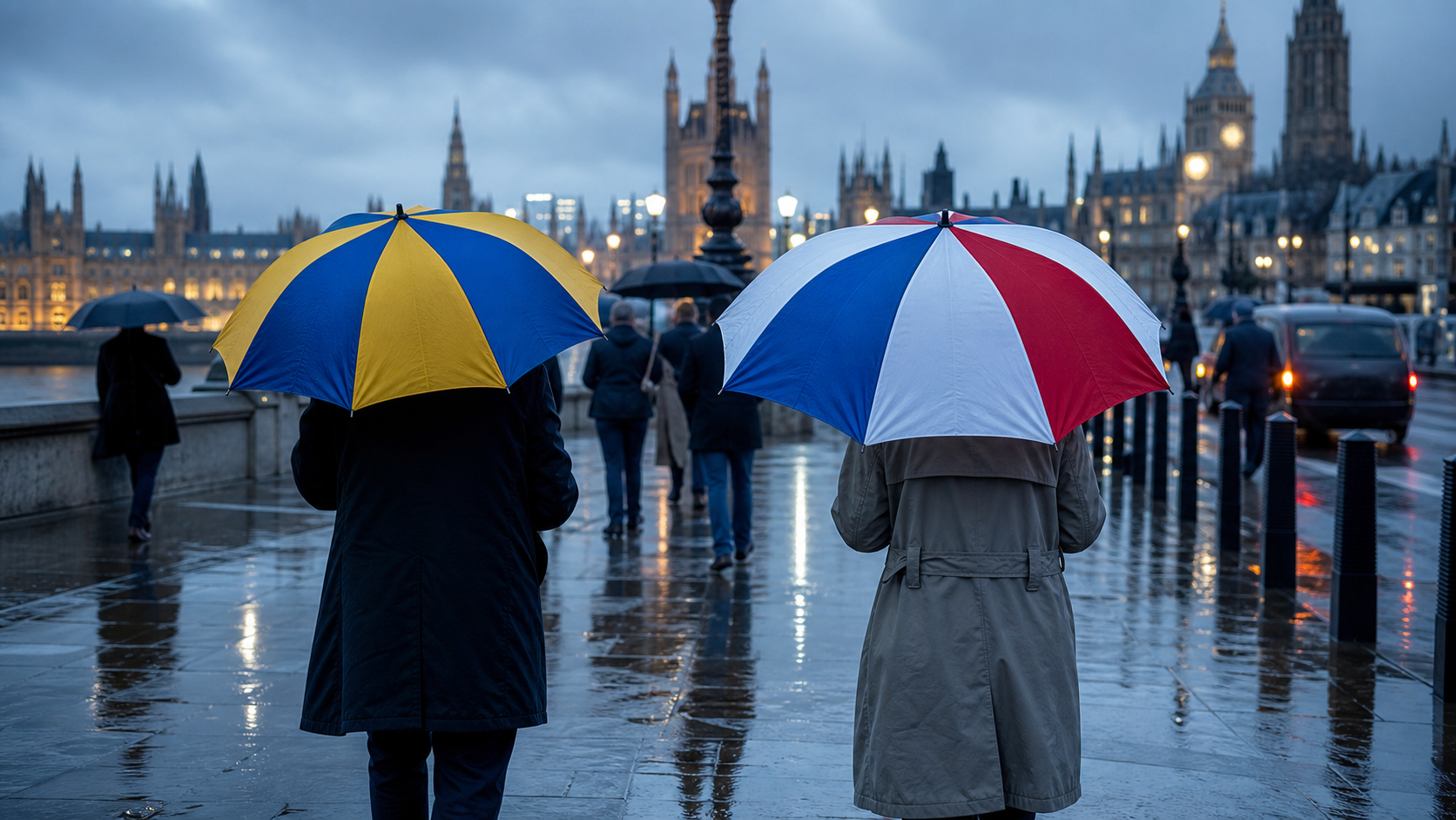 Rainy London commuters near Westminster with umbrellas in European and British colours