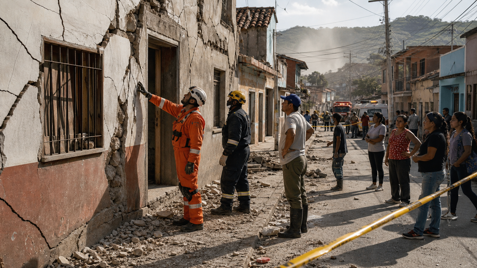 Emergency workers inspect earthquake damage on an urban street