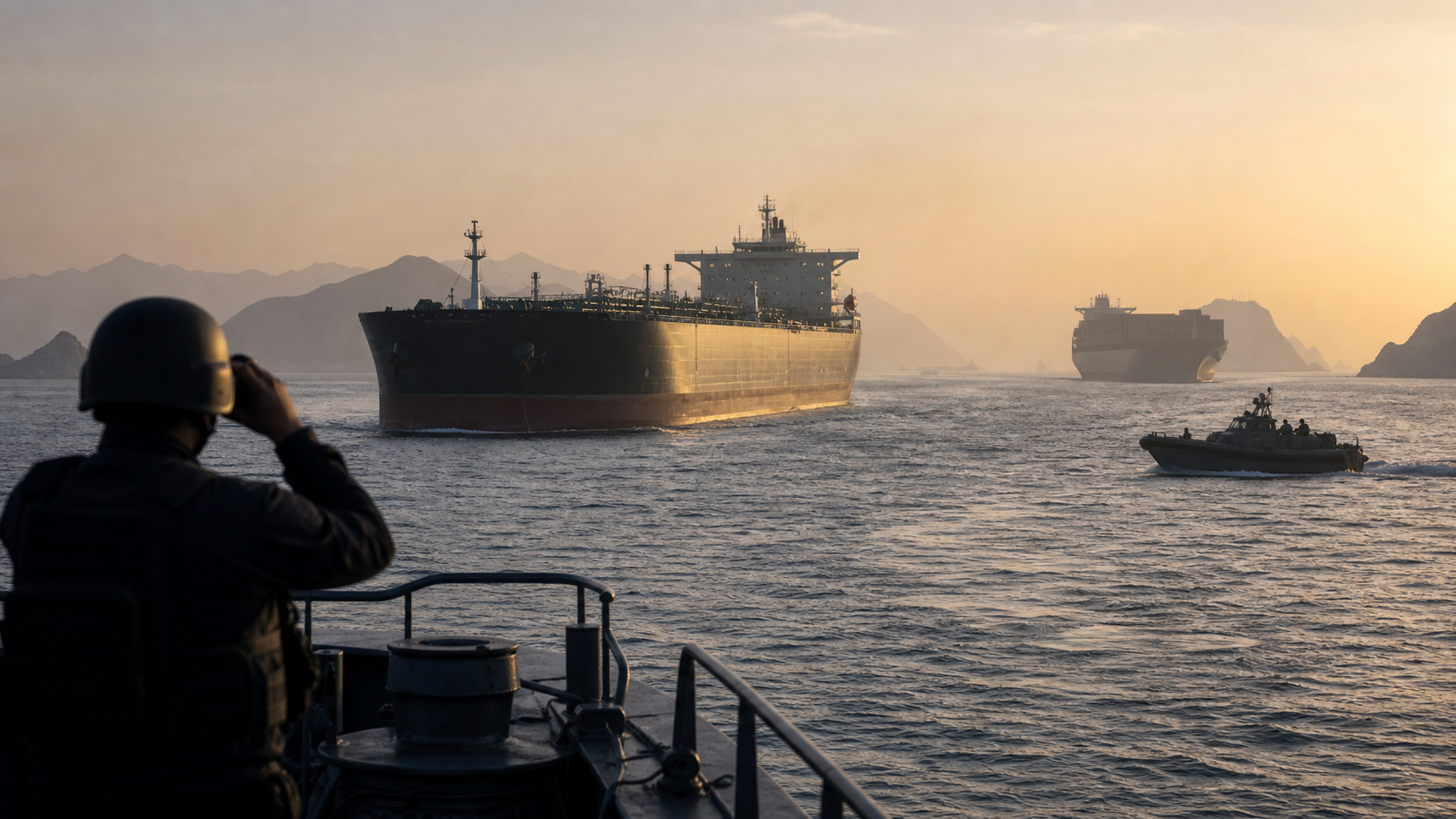 Tankers and patrol craft in a narrow shipping lane at dawn
