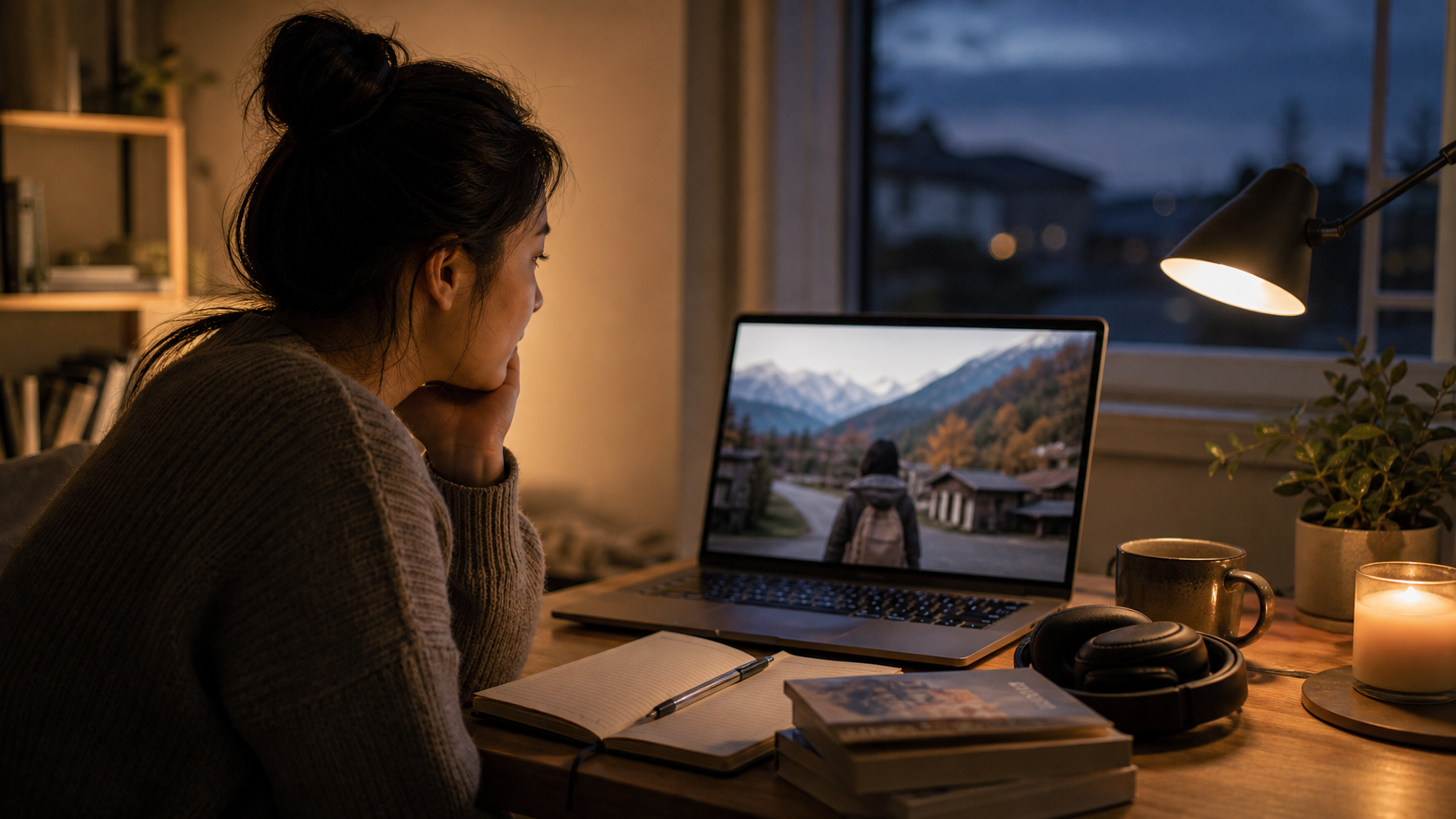 A cinematic living room viewing setup showing a nature documentary glow on a screen, native New Zealand forest mood, no text