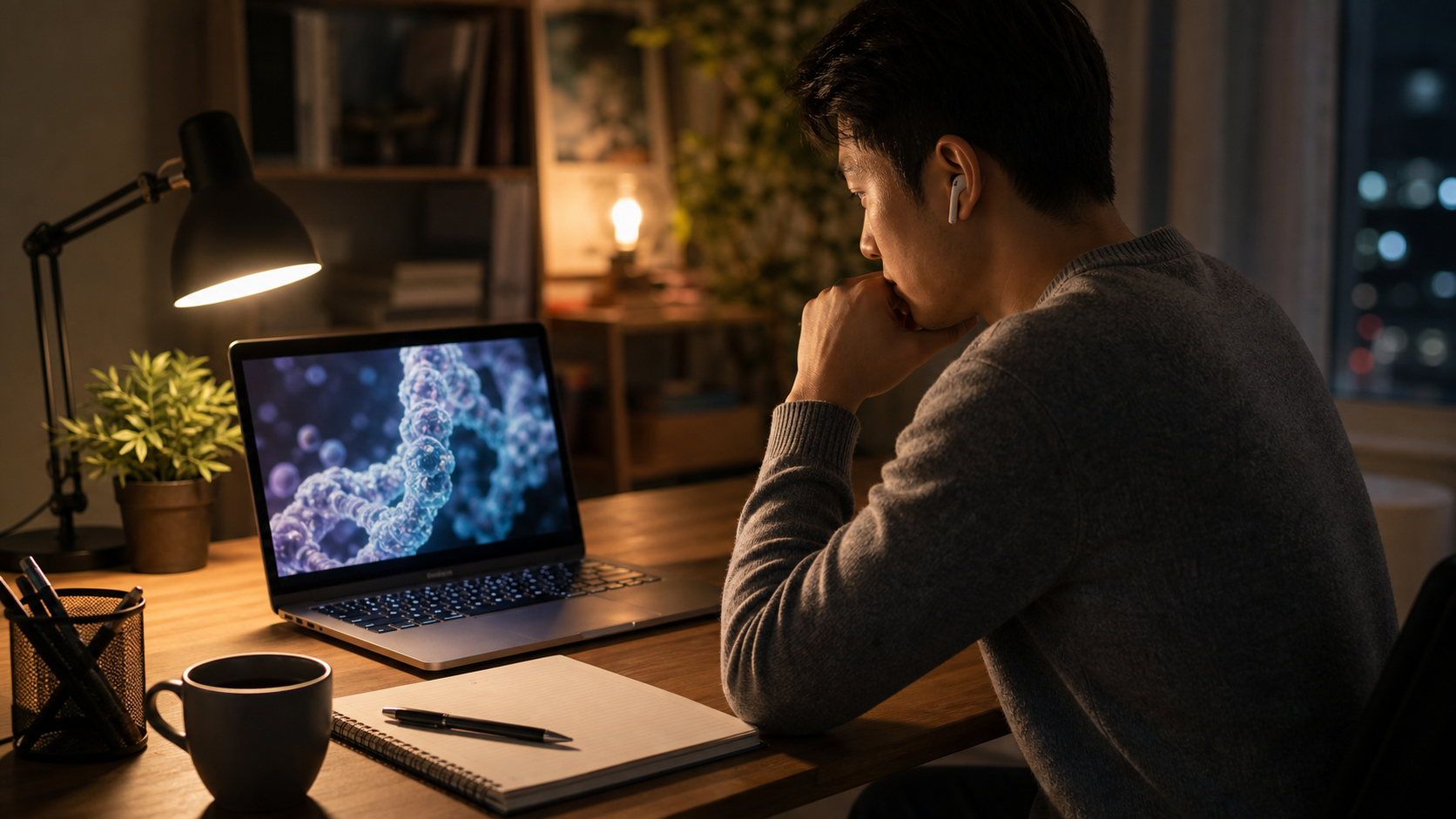 Person watching a technology explainer on a laptop with notebook and coffee, no text