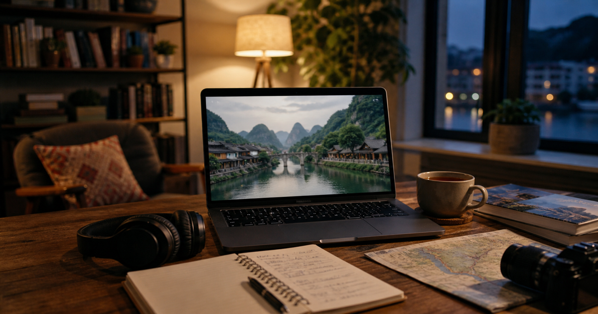 Cozy home viewing setup with blurred travel video