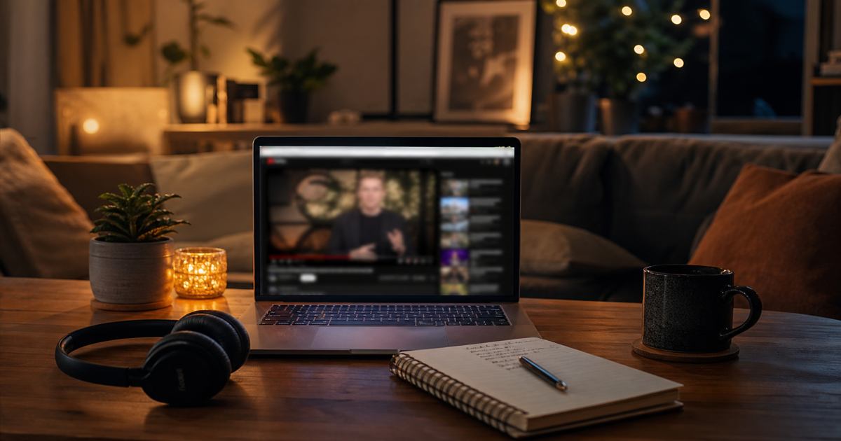 Cozy living room with laptop and headphones for watching an educational video