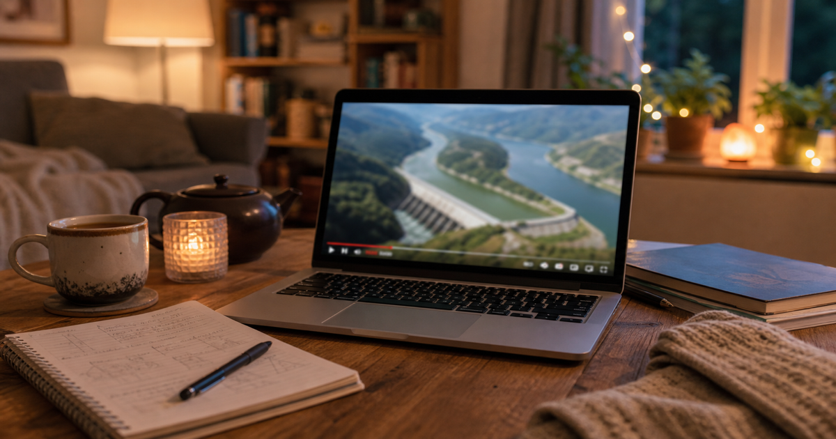 Cozy laptop setup watching science education video