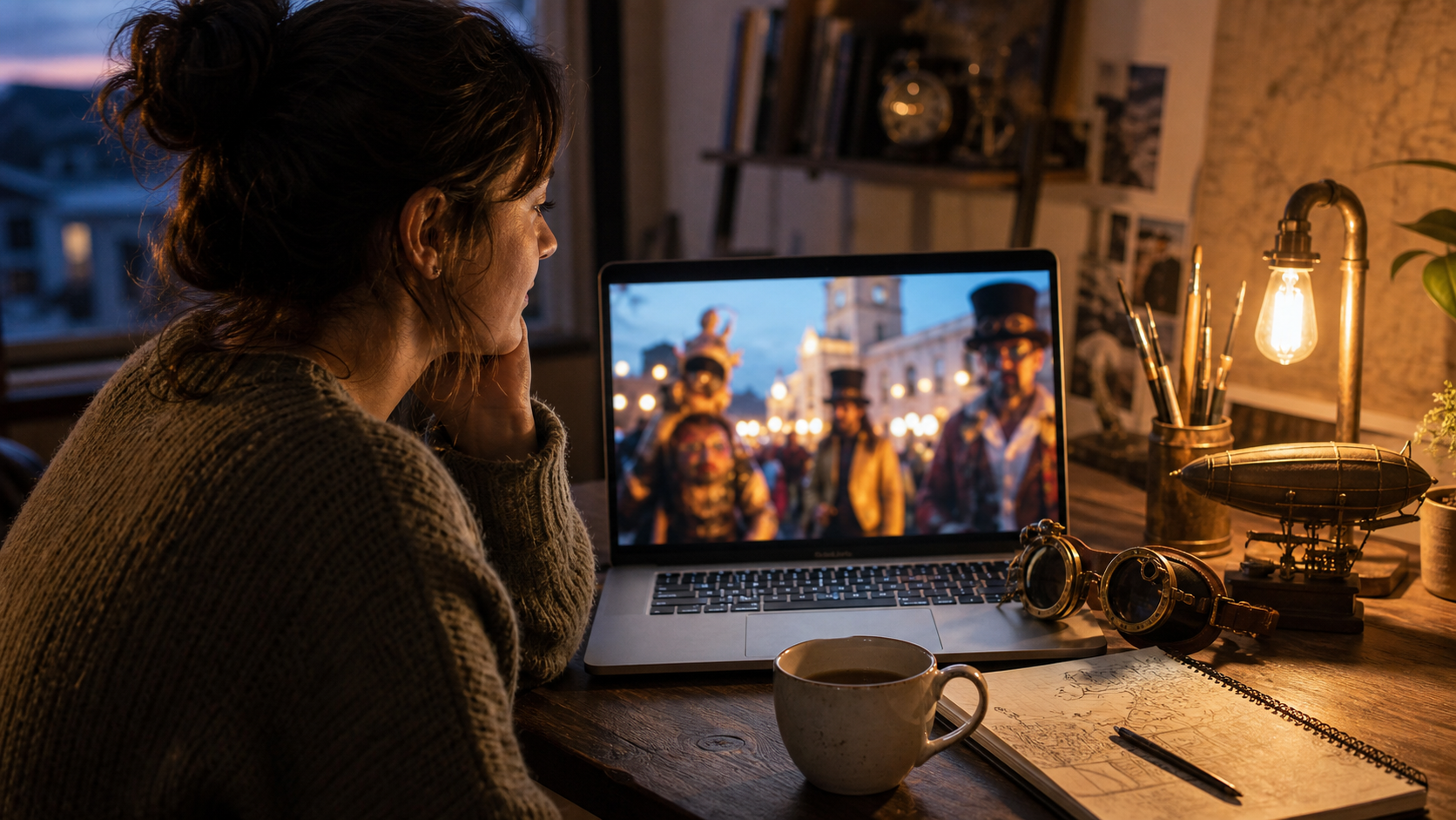 A person watches a blurred festival video on a laptop beside steampunk-style props