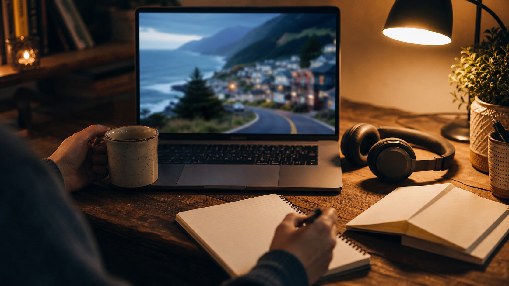 A person watches a blurred New Zealand video on a laptop with notebook and headphones nearby