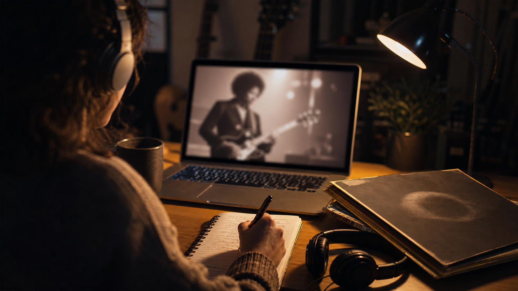A person watching a music documentary on a laptop with headphones and notebook