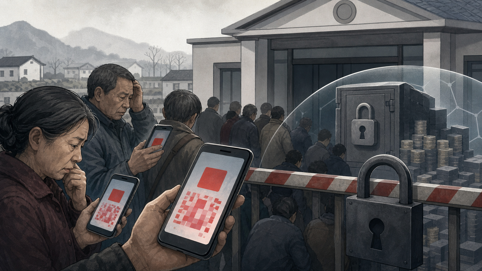 AI生成说明性插图：村镇银行储户与健康码争议