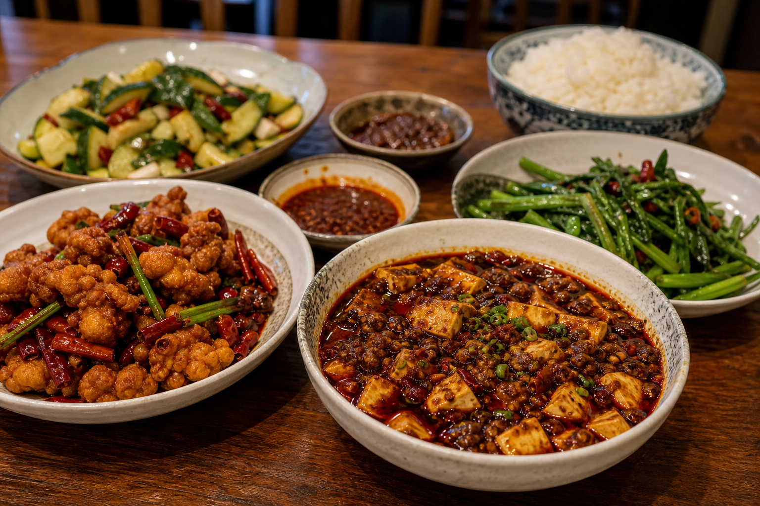 麻婆豆腐辣子鸡蔬菜和米饭组成的川菜餐桌