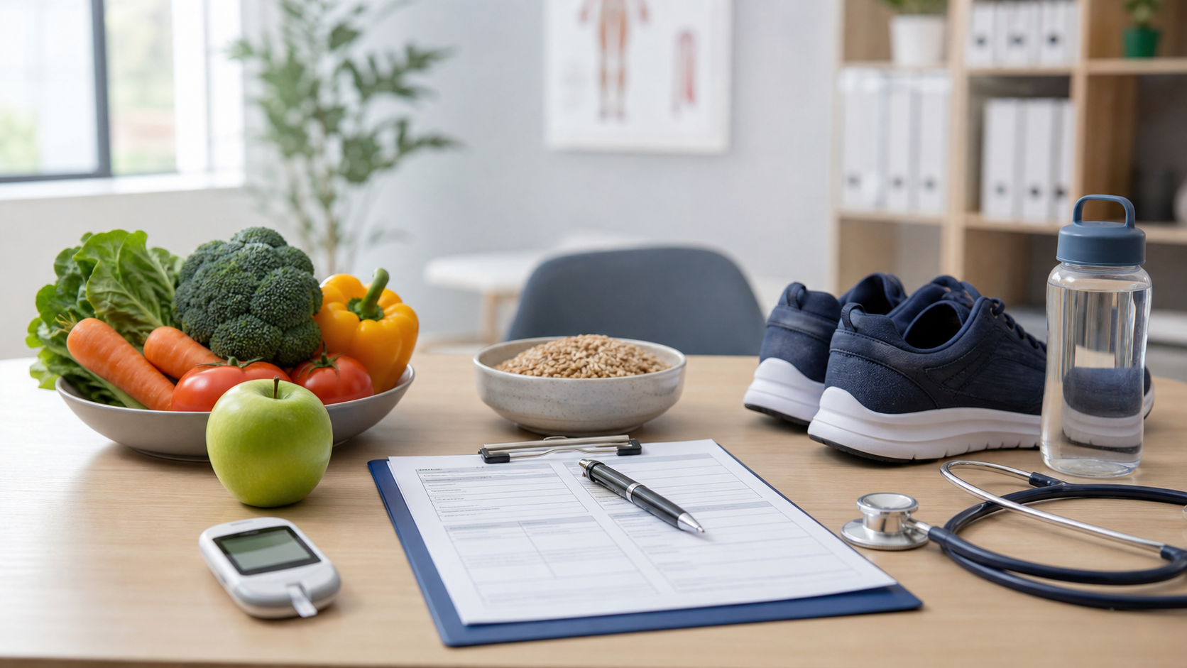 血糖仪、健康食物、运动鞋和医疗检查表（AI生成示意图）