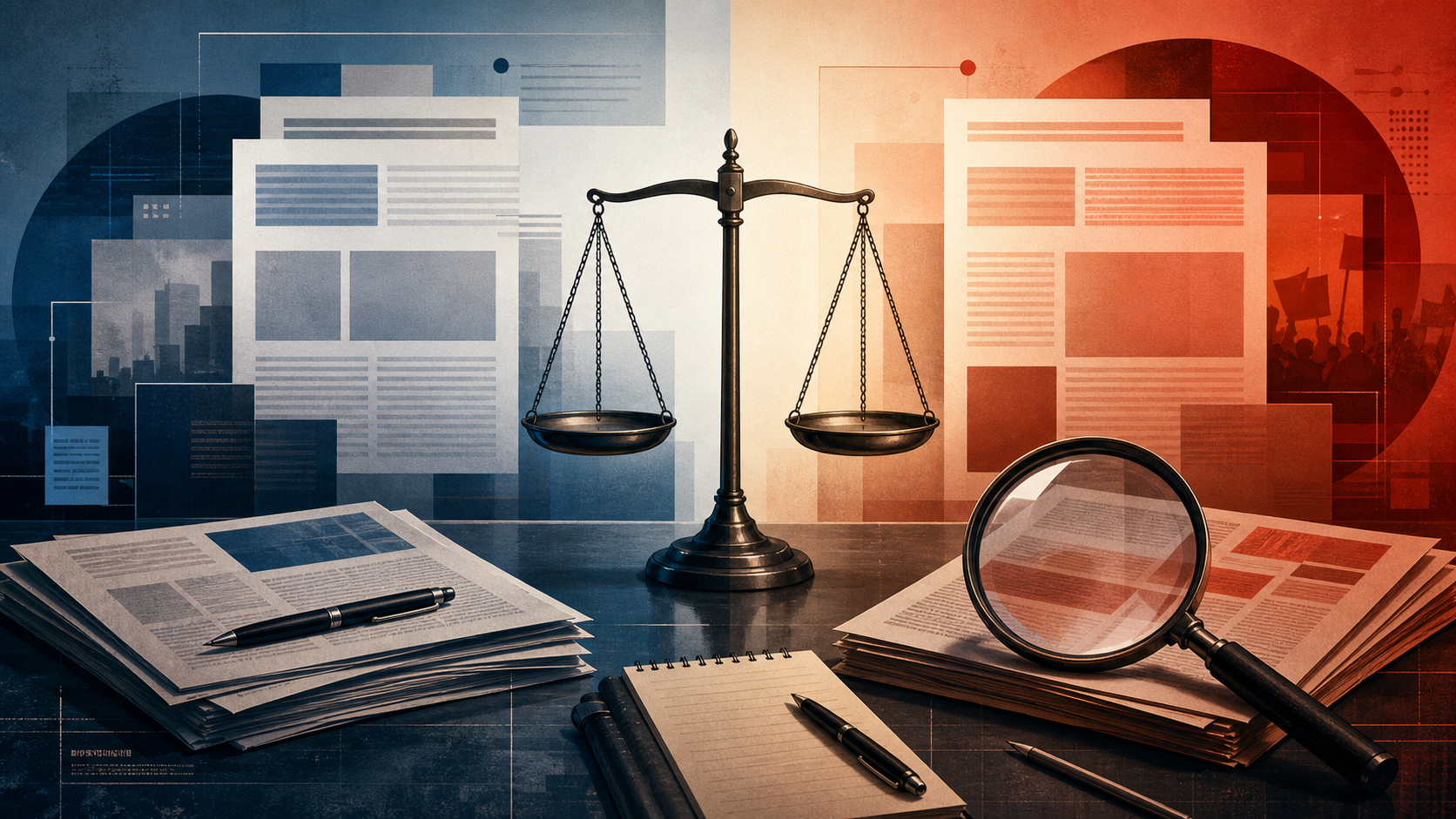 AI-generated editorial illustration: newsroom professionalism, bias and media scrutiny