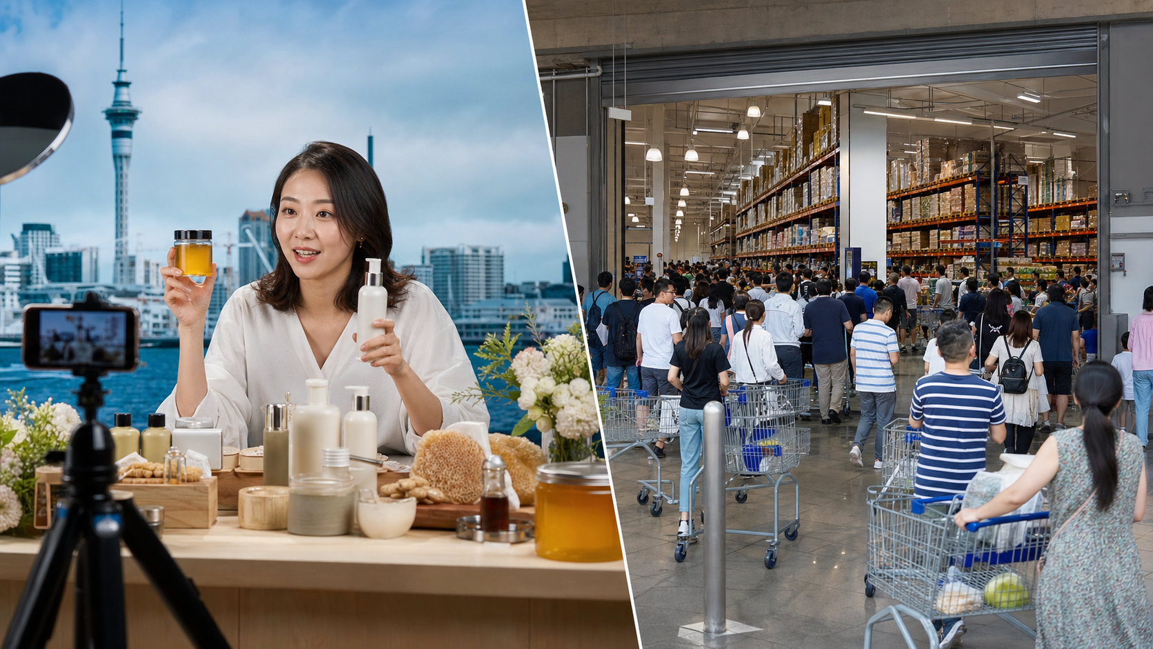 奥克兰背景下的跨境直播带货与拥挤的仓储式商场，AI生成示意图