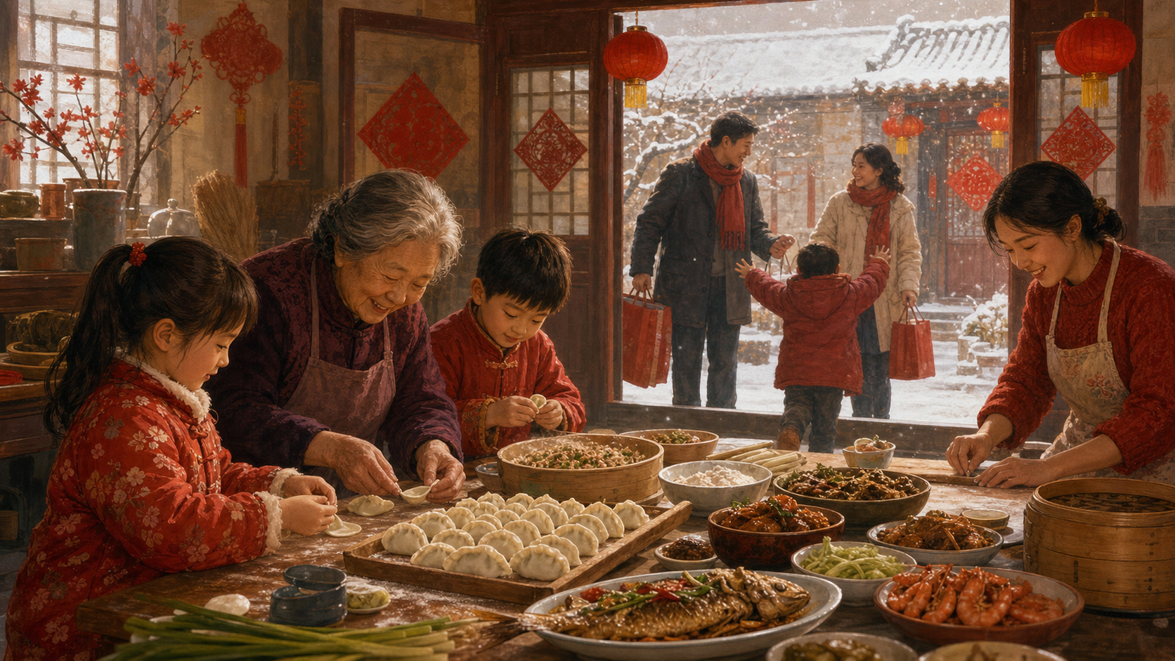 雪天家庭准备春节团圆饭的记忆（AI生成示意图）