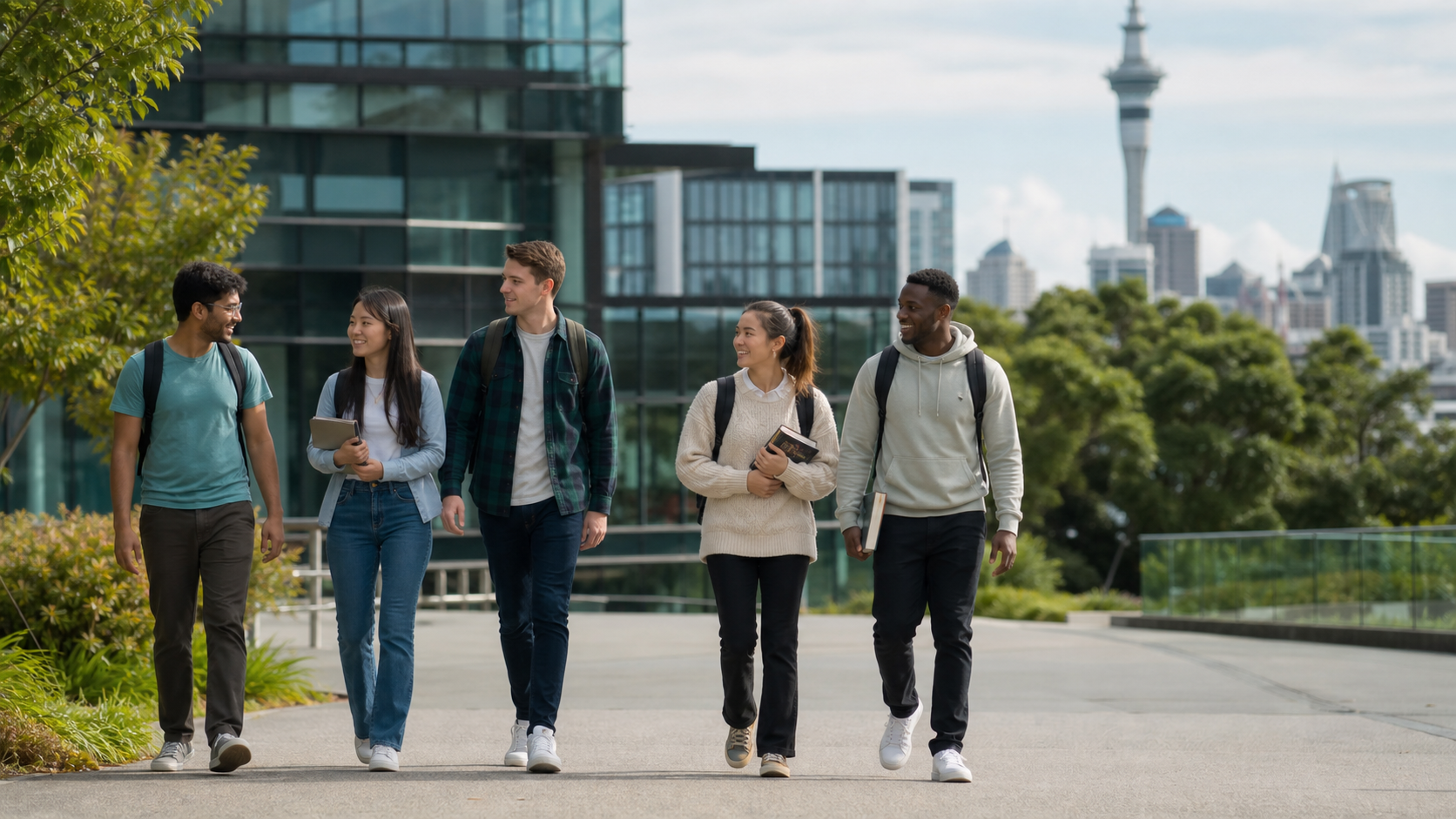 不同背景的国际学生走在奥克兰大学校园中，远处可见城市天际线（示意图）