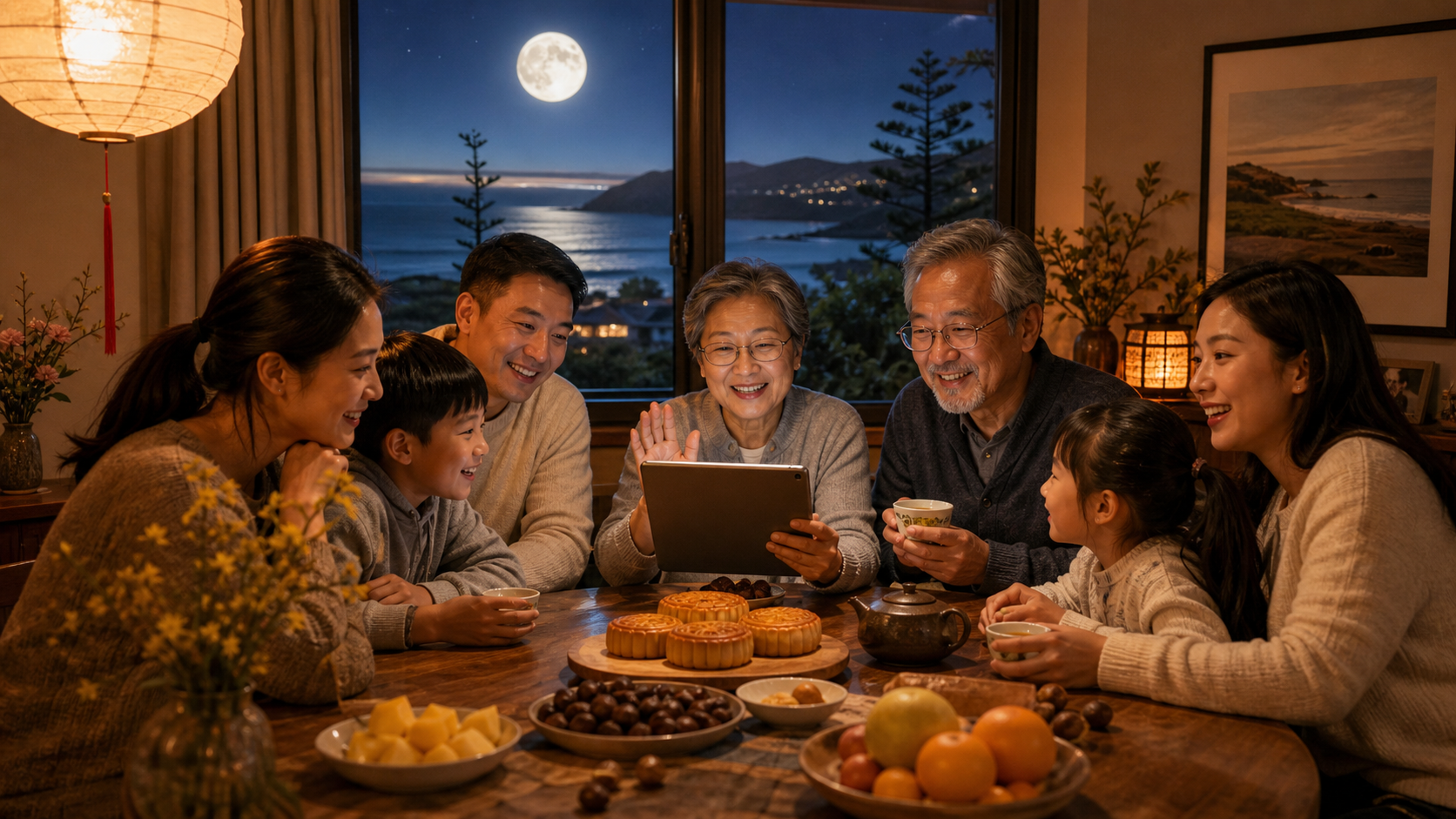 新西兰华人家庭中秋团圆（AI生成示意图）