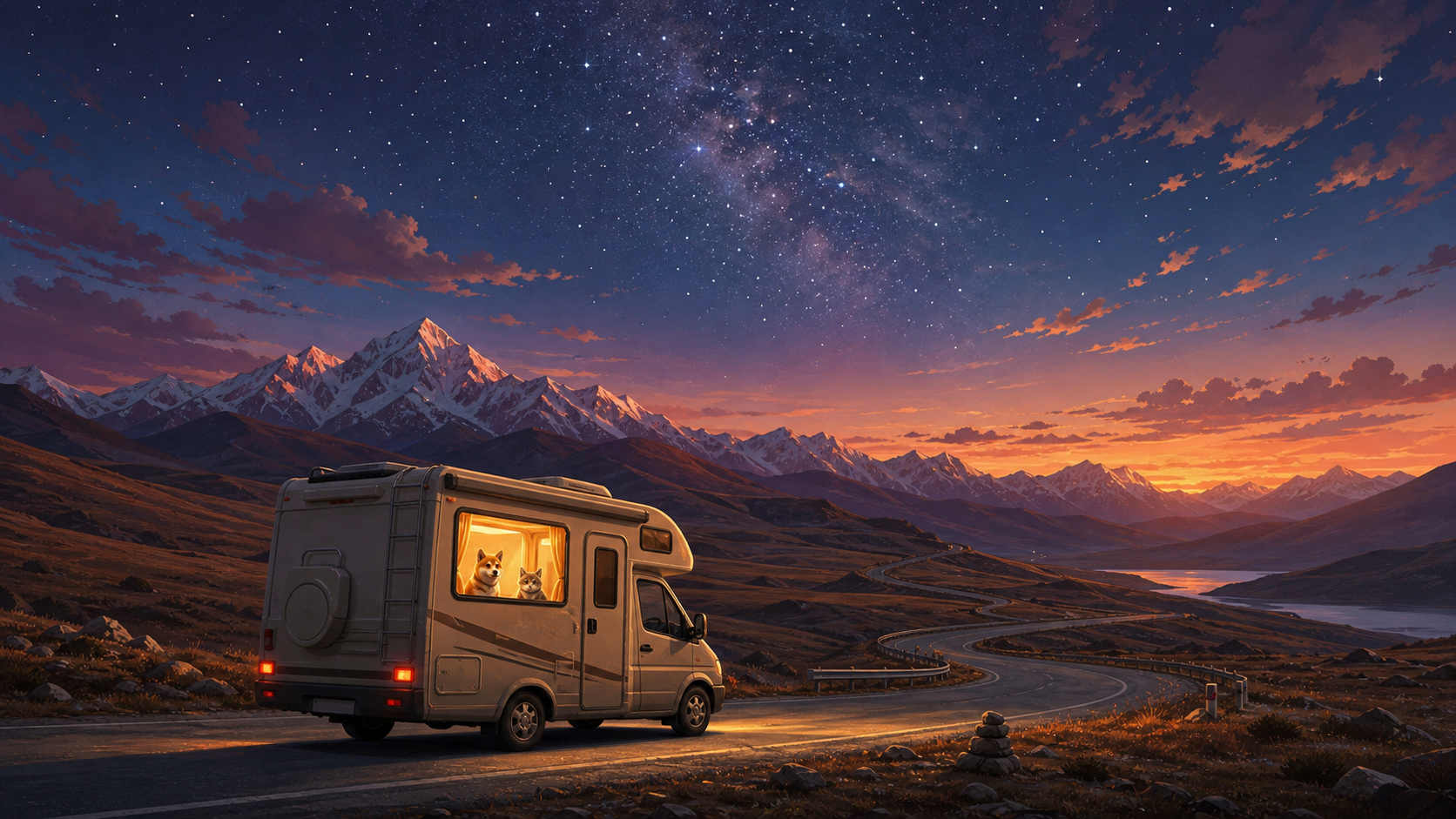 房车穿越高原与星空的旅行场景（AI生成示意图）