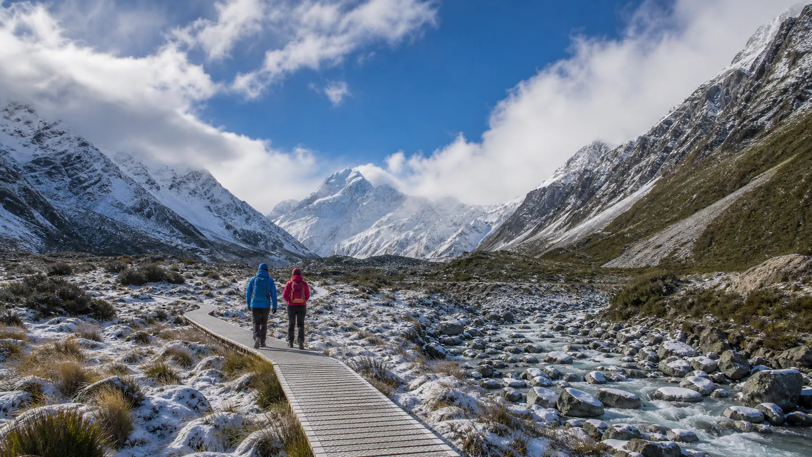 冬季库克山山谷中两名徒步者走在雪山木栈道上