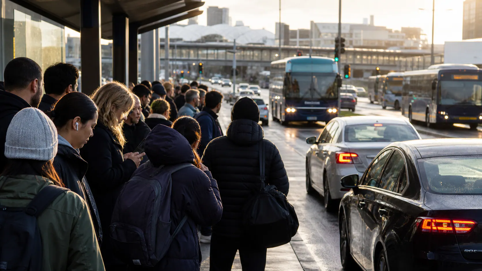 Auckland commuters waiting beside congested traffic at a bus interchange