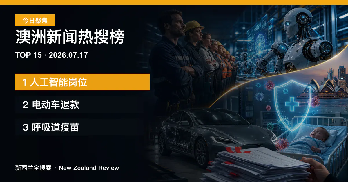 澳洲新闻热搜榜TOP15｜2026年7月17日｜人工智能岗位、电动车退款、呼吸道疫苗 正式新闻封面图