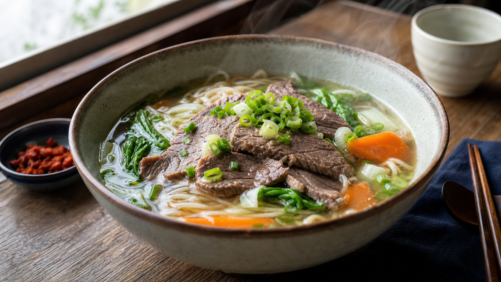 今晚吃什么：牛肉蔬菜面汤，汤底清亮也能有深味
