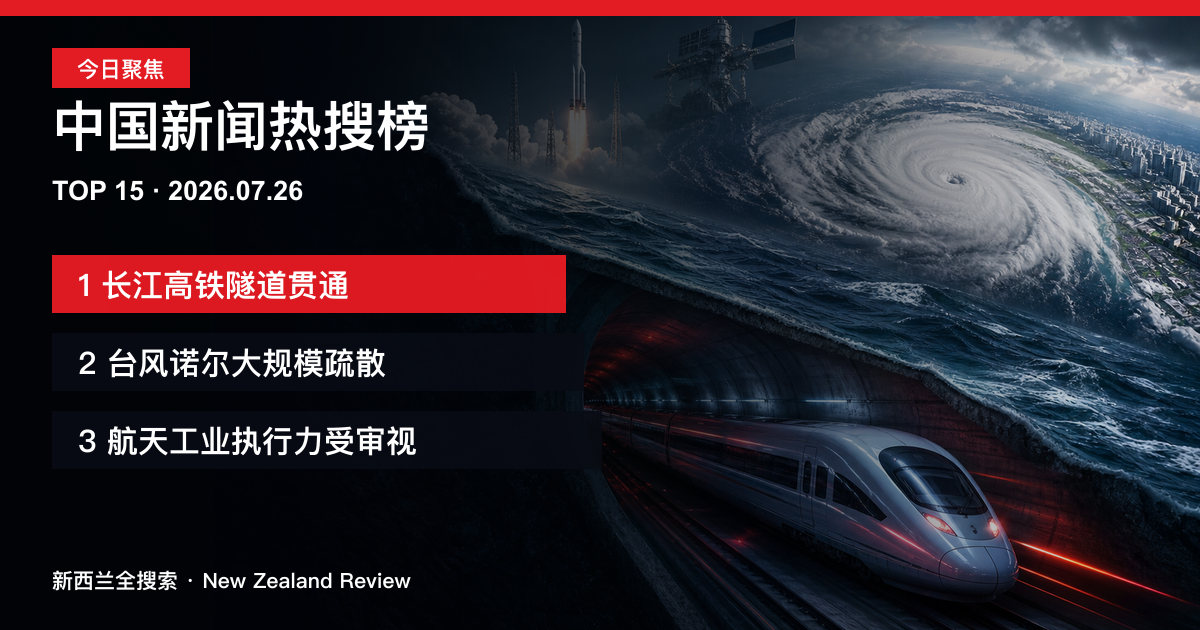 中国新闻热搜榜TOP15｜2026年7月26日｜长江高铁隧道贯通、台风诺尔大规模疏散、航天工业执行力受审视