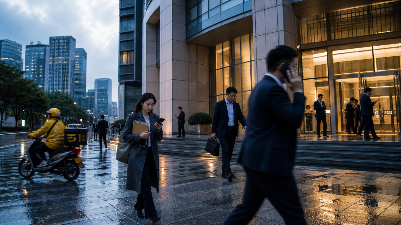 Financial district workers outside an unbranded bank building in China