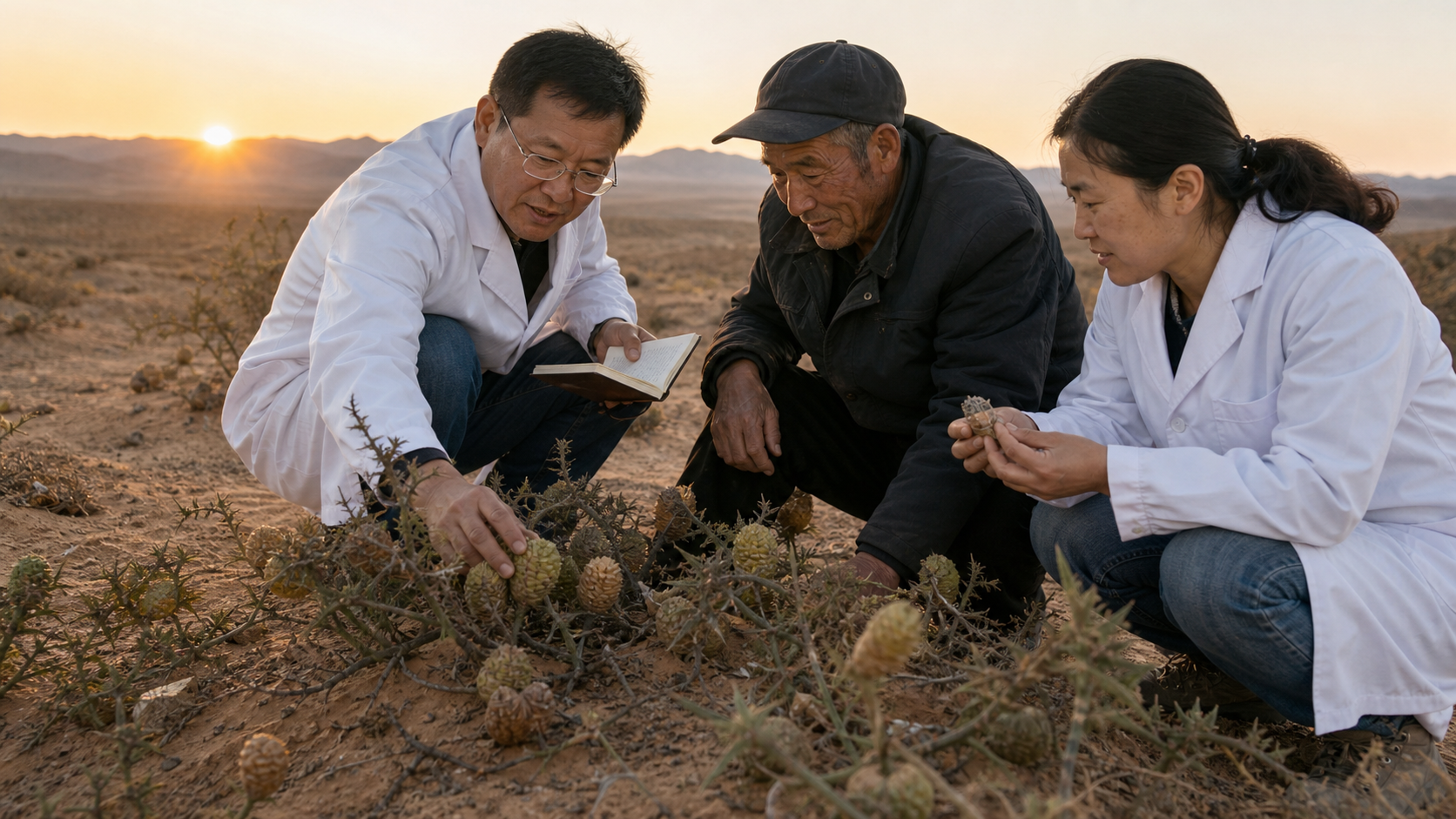 中国科研人员与当地农户在沙地观察耐旱药用植物