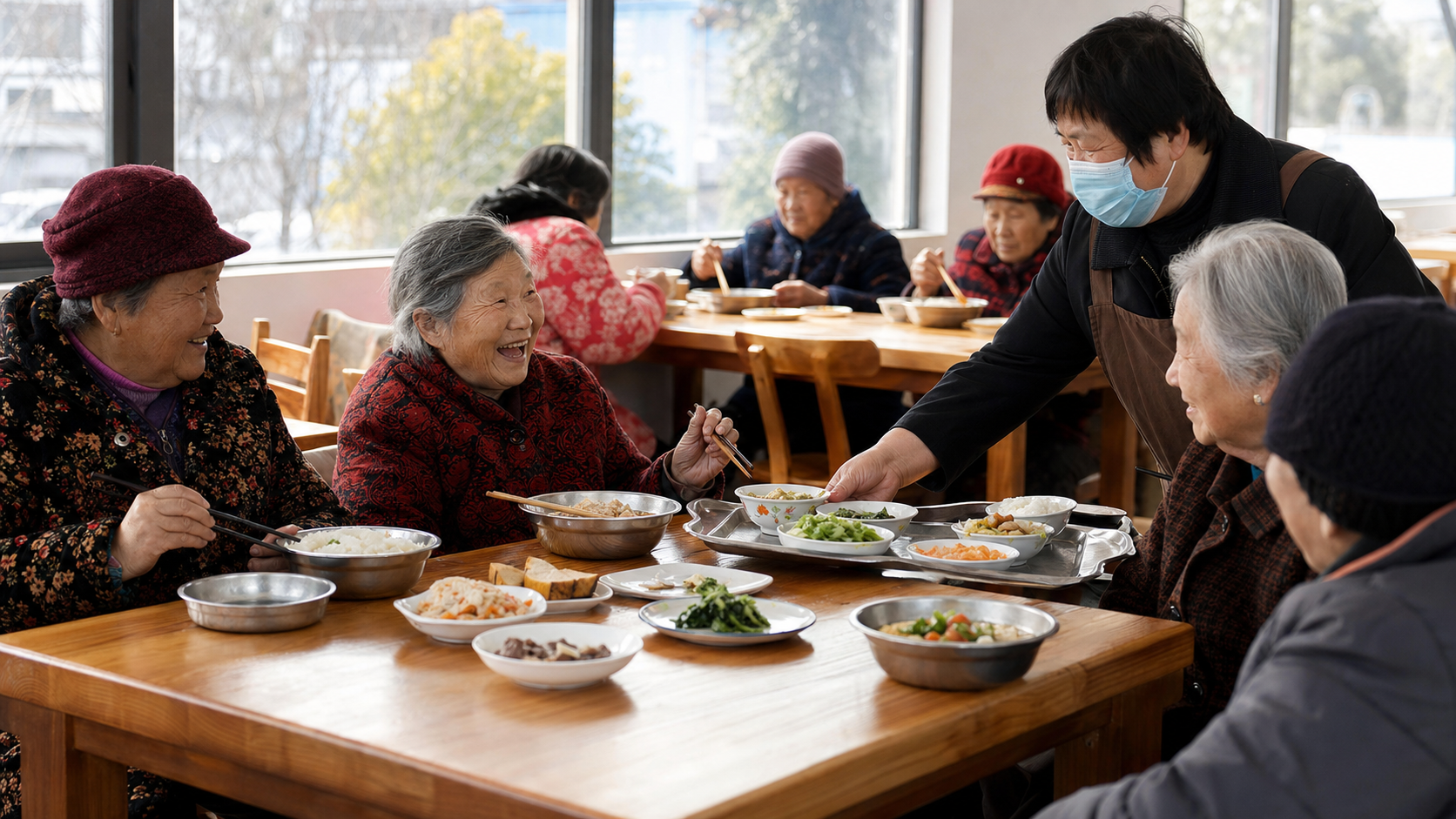 中国社区食堂内老人一起吃午饭