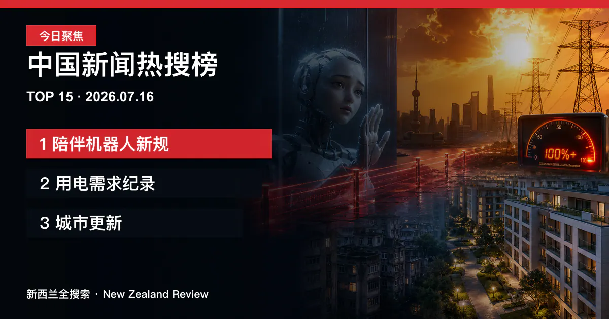 中国新闻热搜榜TOP15｜2026年7月16日｜陪伴机器人新规、用电需求纪录、城市更新 正式新闻封面图