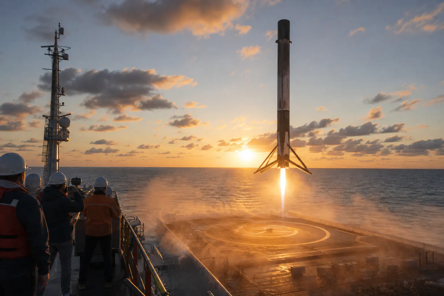 Reusable rocket first stage descending toward an offshore recovery platform at dawn