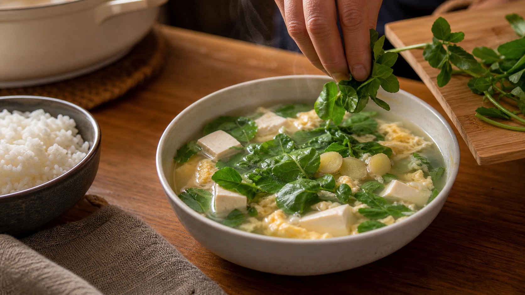 一碗西洋菜豆腐蛋花汤和米饭摆在家中餐桌上