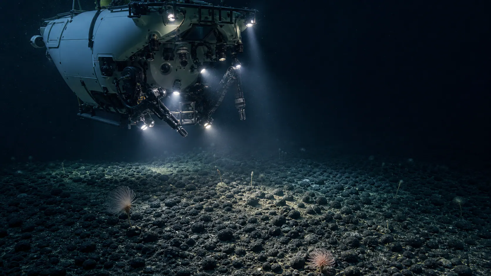 Scientific submersible surveying polymetallic nodules and delicate life on the abyssal seafloor