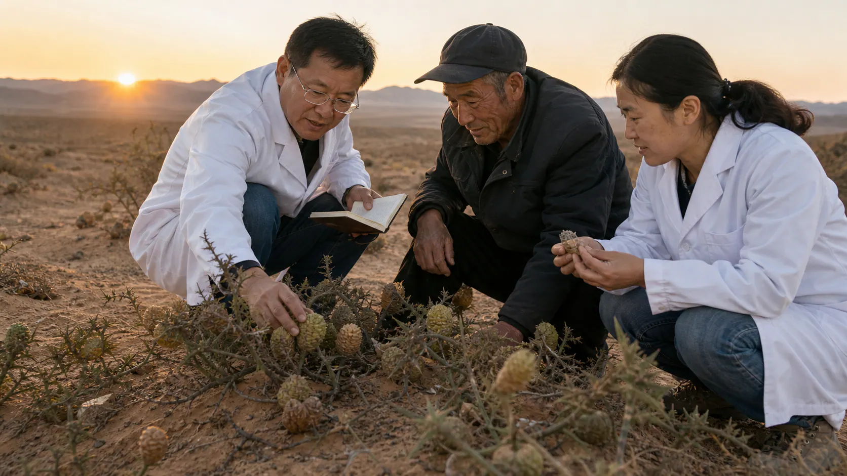 中国科研人员与当地农户在沙地观察耐旱药用植物