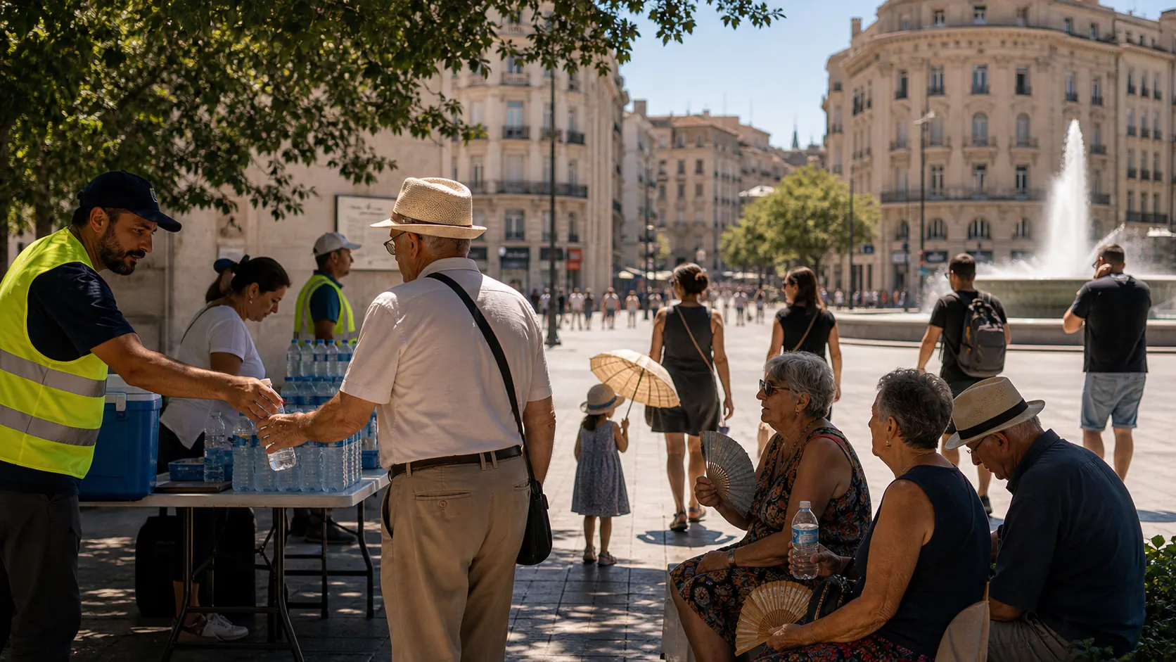 People seek shade and water during a European city heatwave