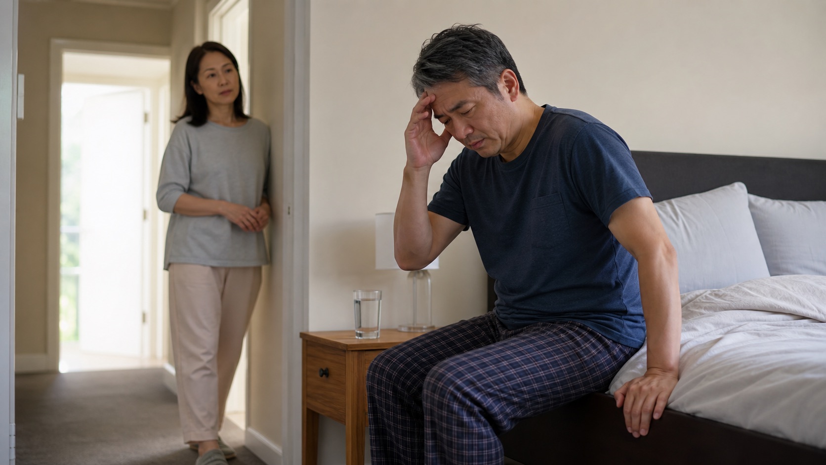 新西兰家中卧室里成年人坐在床边因眩晕不适