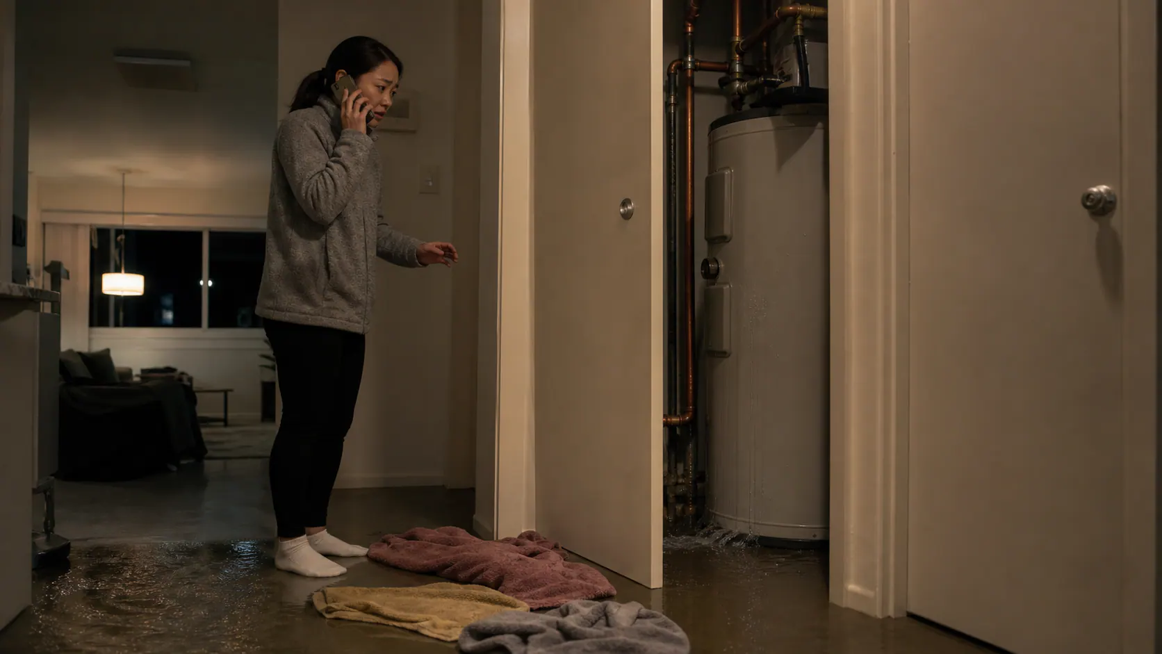 热水缸半夜开始漏水：先保护人和房子，再分清谁来维修