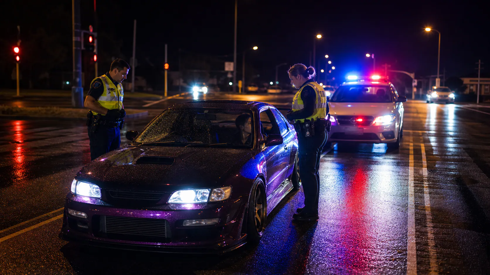 New Zealand police speaking with a driver beside a modified car at night