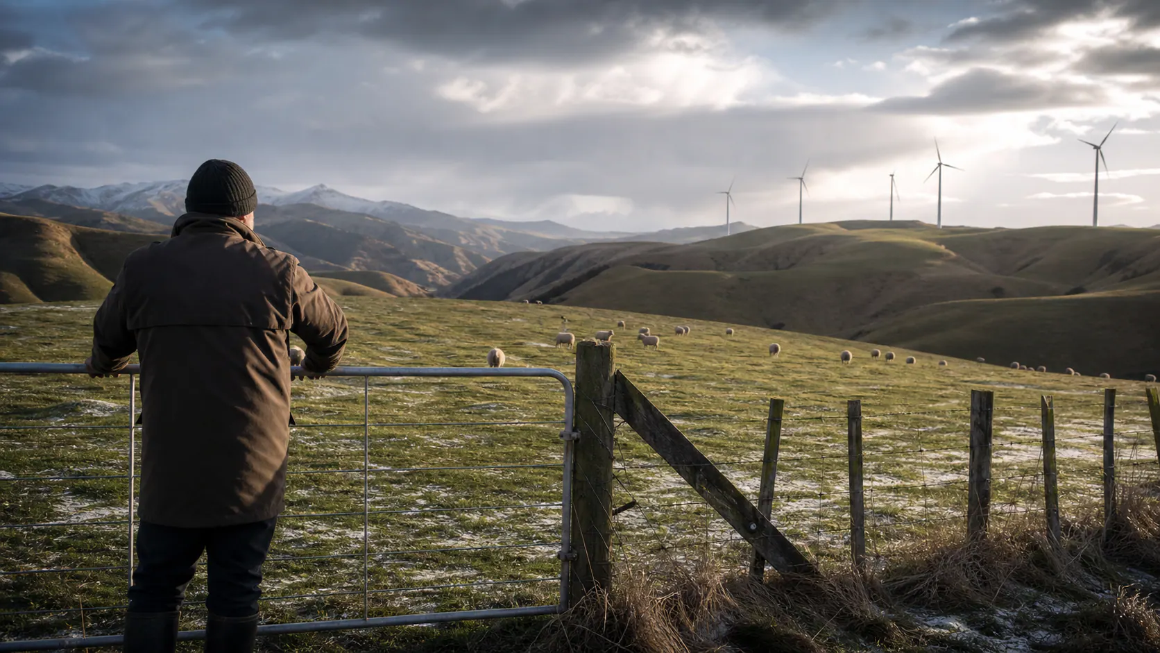 New Zealand sheep farmer looking across winter pasture toward wind turbines